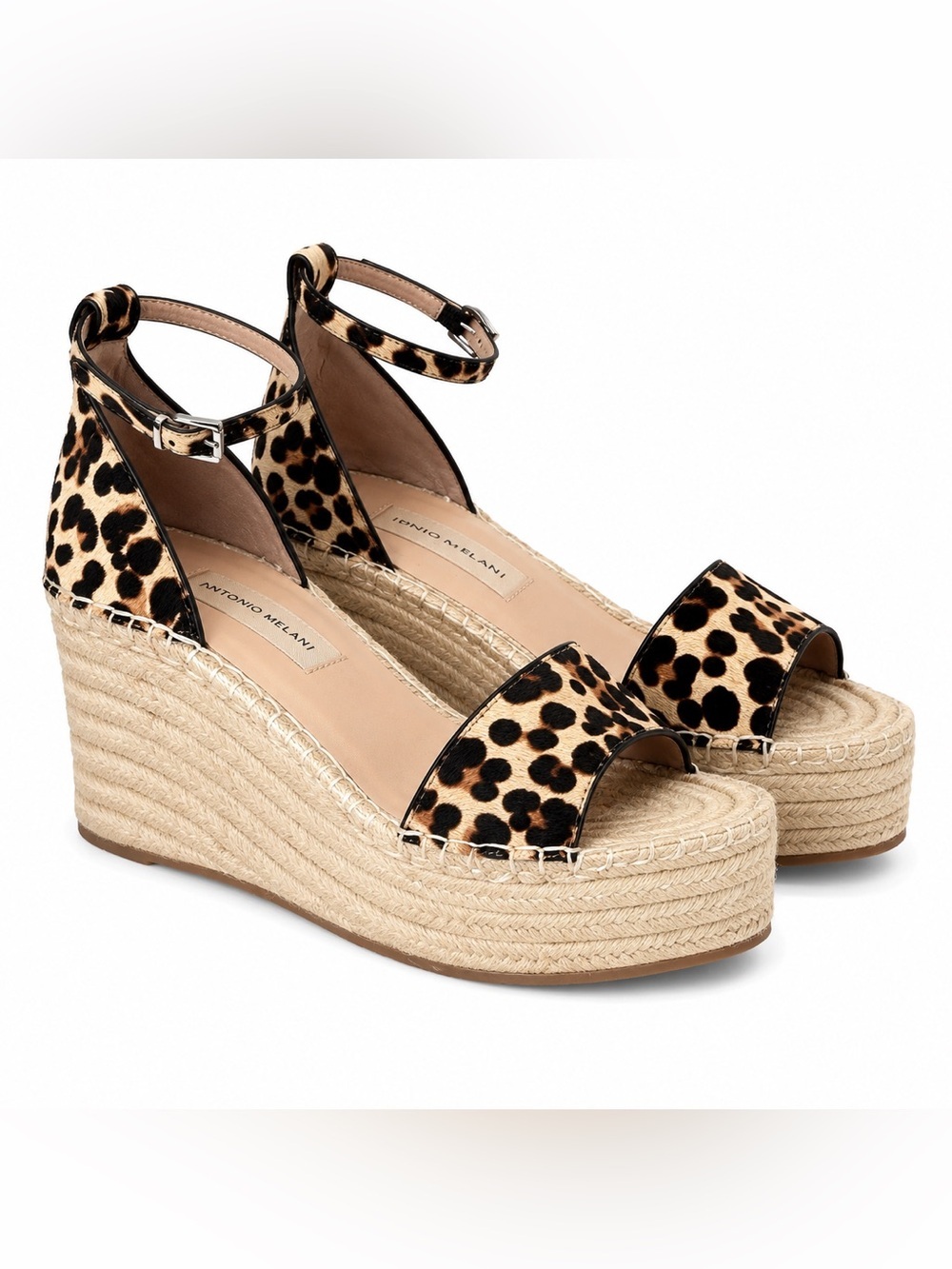 ANTONIO MELANI Leopard Print Espadrille Wedge Sandals - Tan/Black